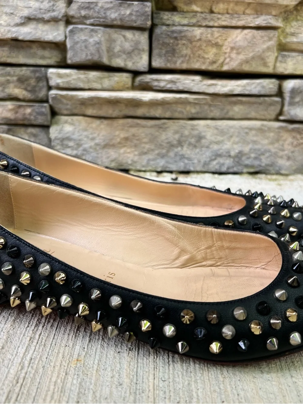 Christian Louboutin Black Studded Pointed Flats with Red Soles